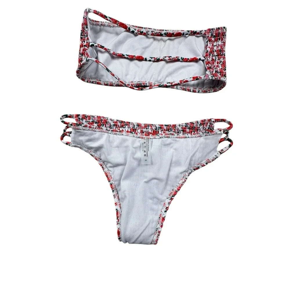 Unbranded Floral Smocked Bikini Set Red White‎ Bandeau Top High Cut S